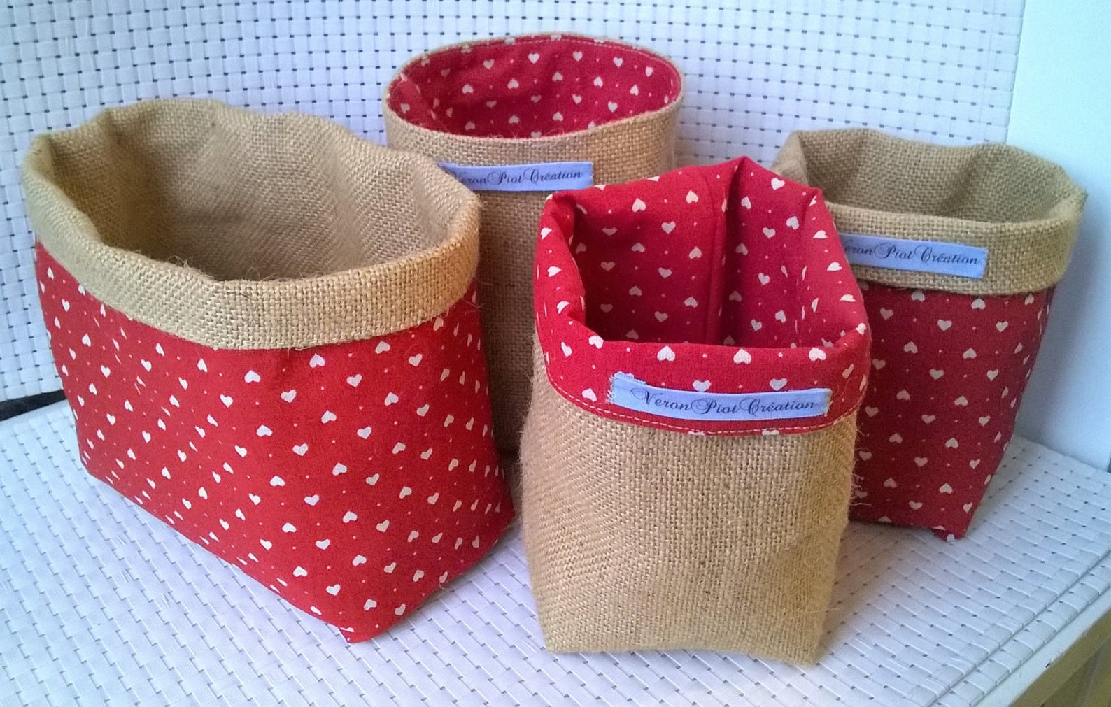 panier vide poche pochon toile de jute veronpiotcréation rose beige rouge coeur cadeau rangement décoration mariage anniversaire nature