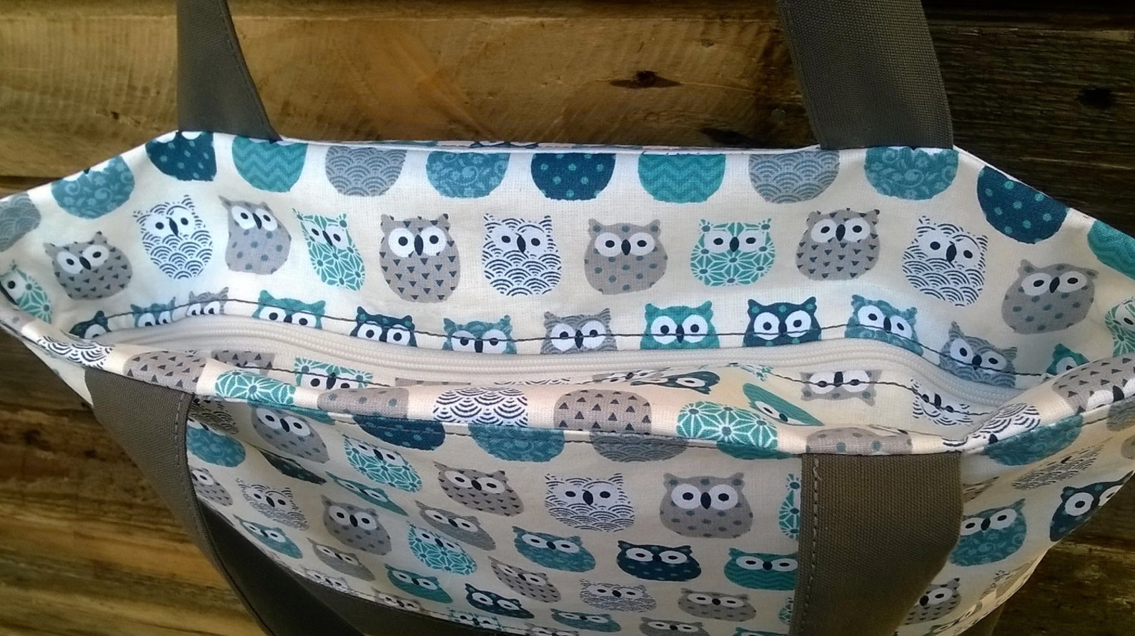 sac tissu toile hiboux sac en coton sac avec fermeture sac avec zipper fourre tout sac de course sac de tricot imprimé chouette gris bleu