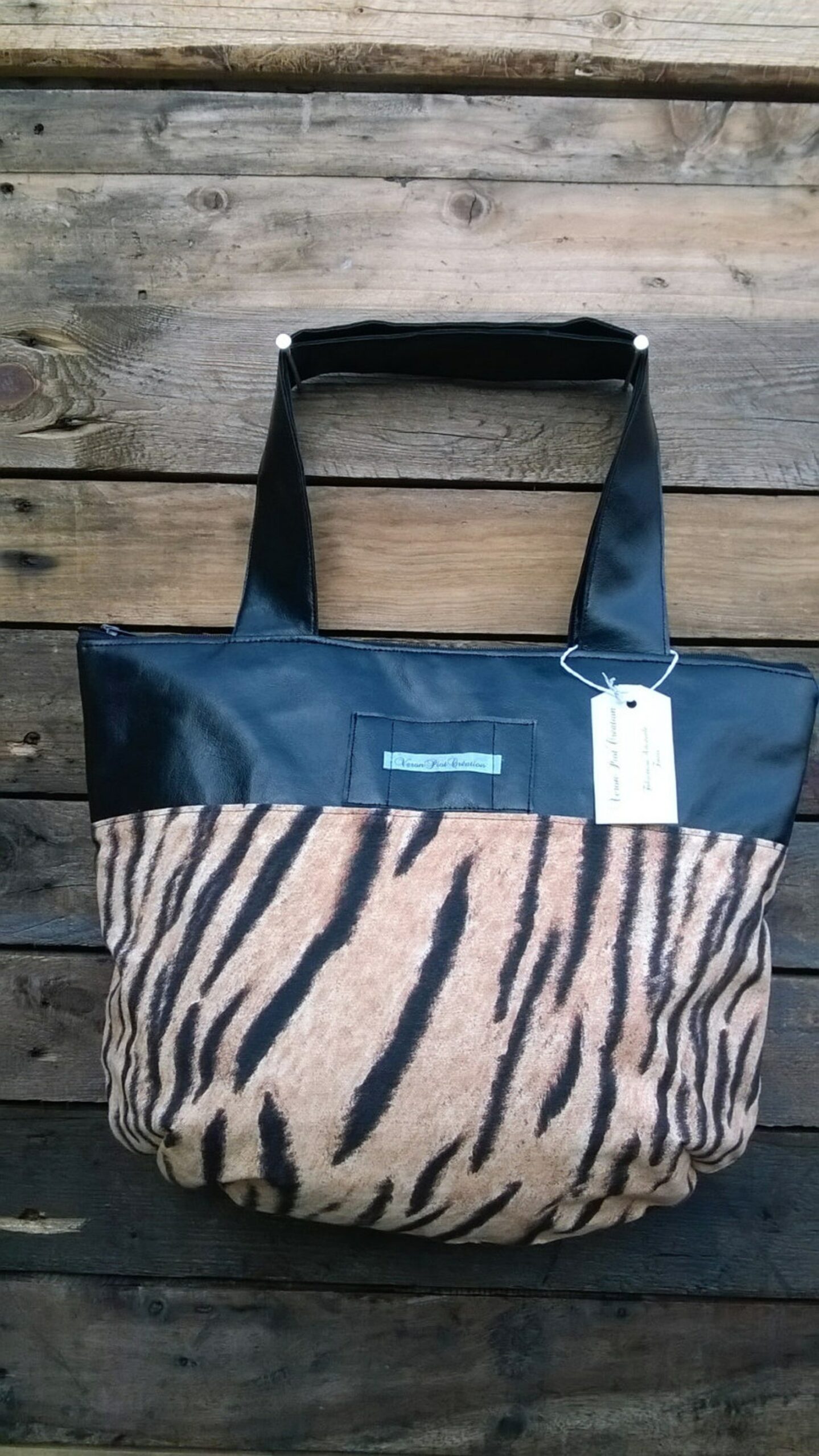 sac à main faux cuir ou simili cuir noir coton tigré fermeture à glissière poche intérieur sac femme fille tendance cadeau mère anniversaire