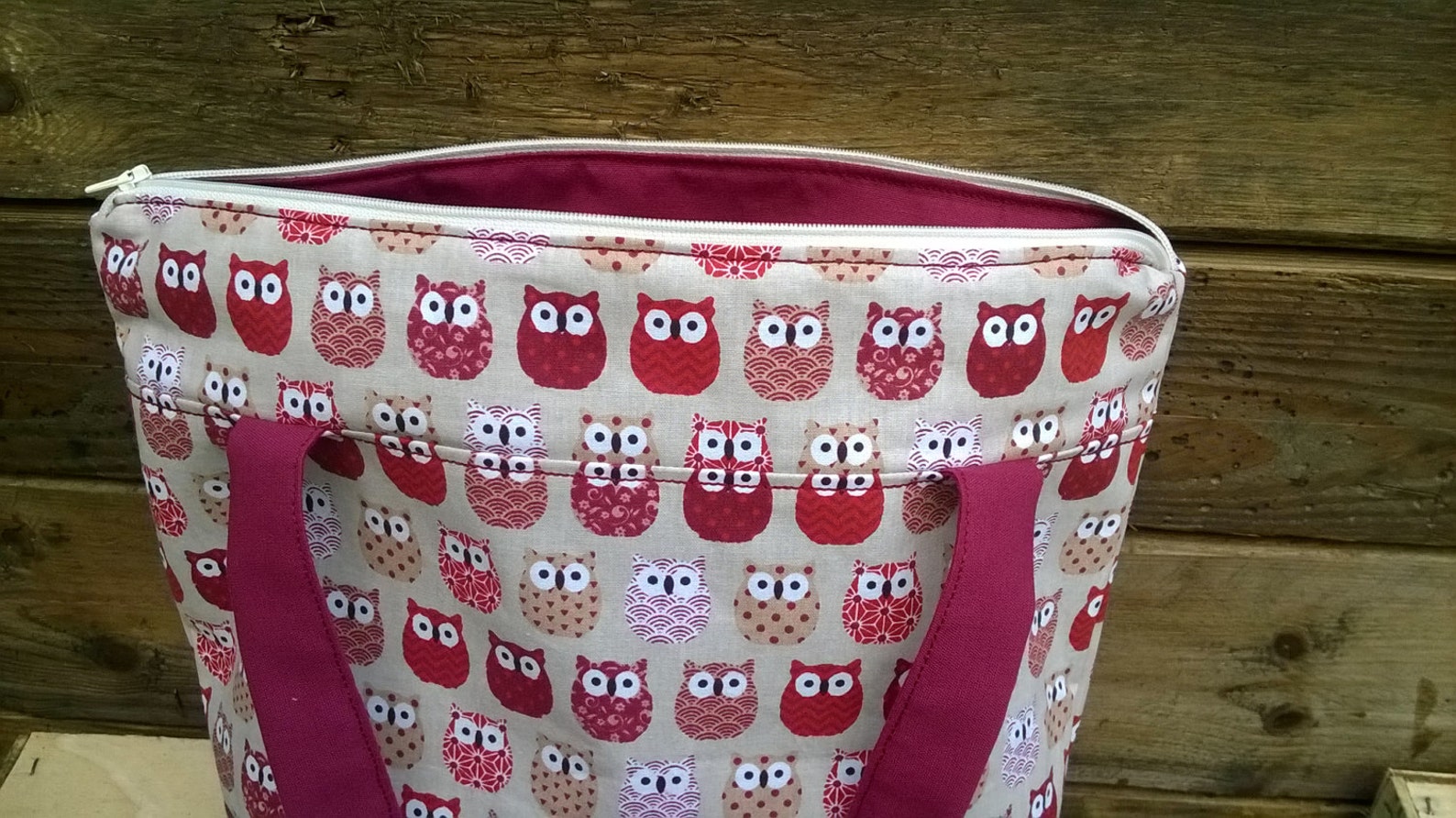 sac en tissu avec fermeture / fourre tout course loisir hibou rouge beige prune fille femme cadeau sac toile sac à main épaule doublé