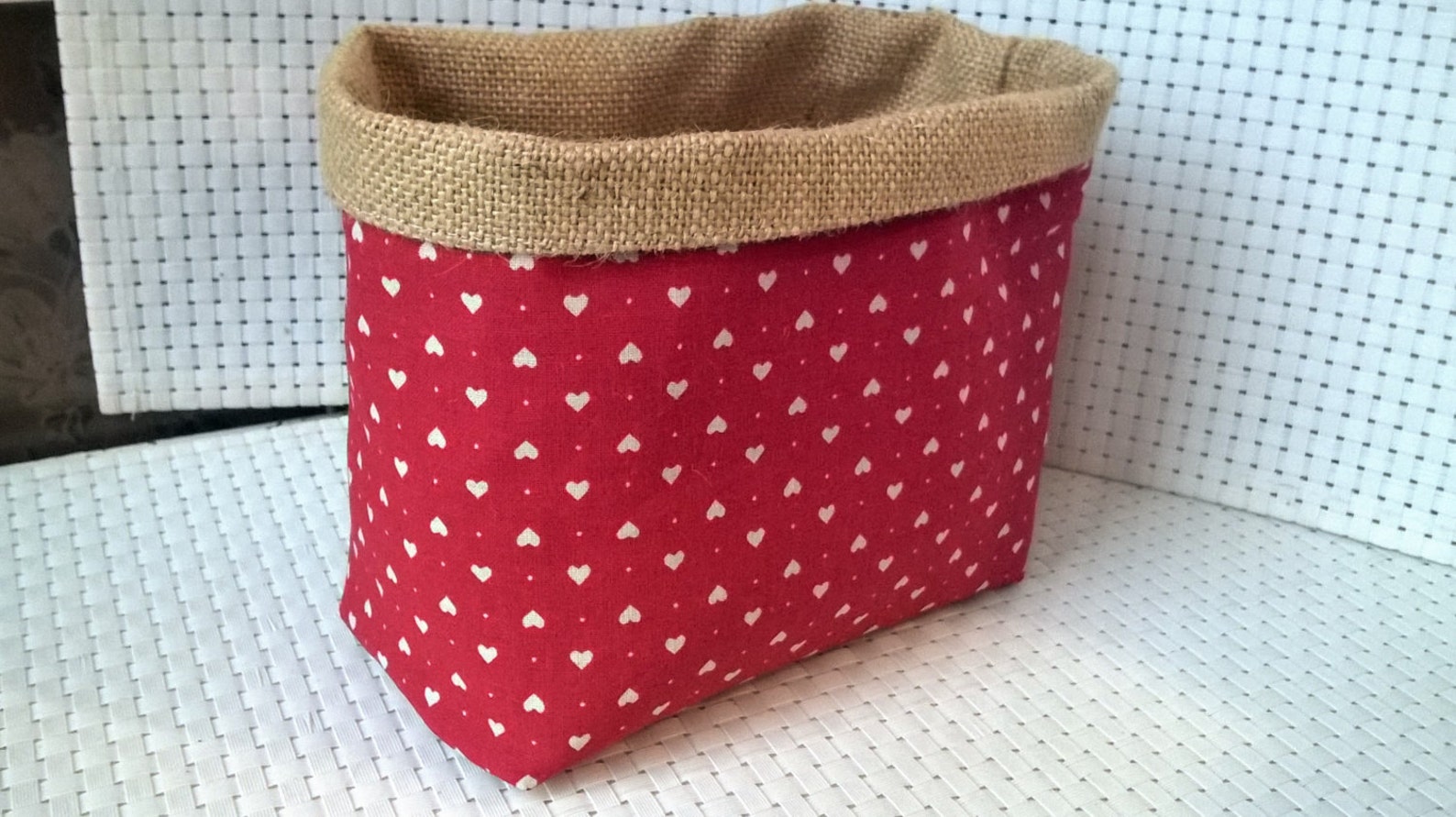 panier vide poche pochon toile de jute veronpiotcréation rose beige rouge coeur cadeau rangement décoration mariage anniversaire nature