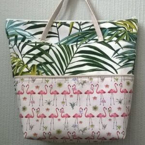 sac en toile à main poche avant femme fille coton flamand rose et palmier fermeture à glissière fourre tout loisir vacance cadeau mère