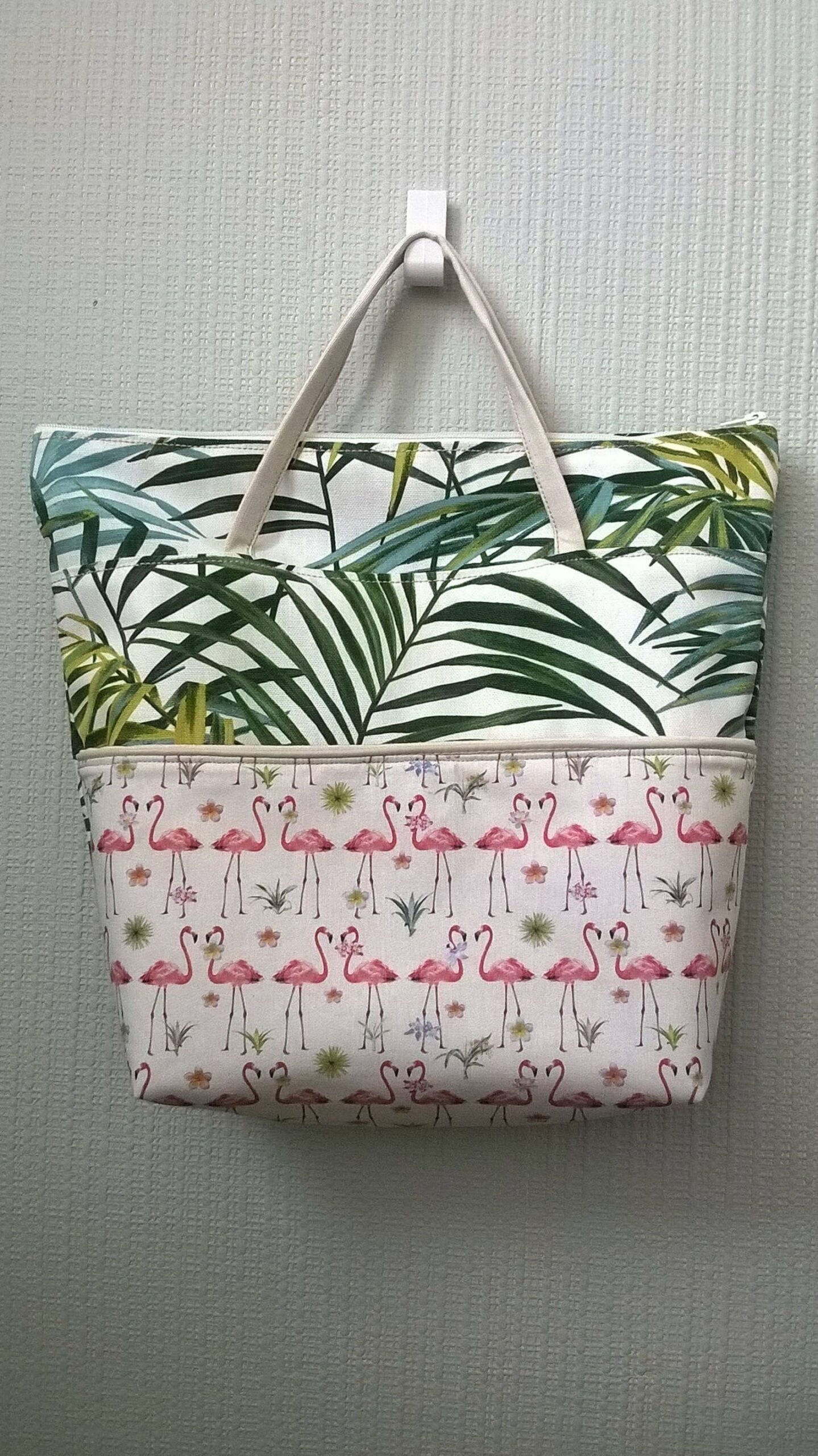 sac en toile à main poche avant femme fille coton flamand rose et palmier fermeture à glissière fourre tout loisir vacance cadeau mère