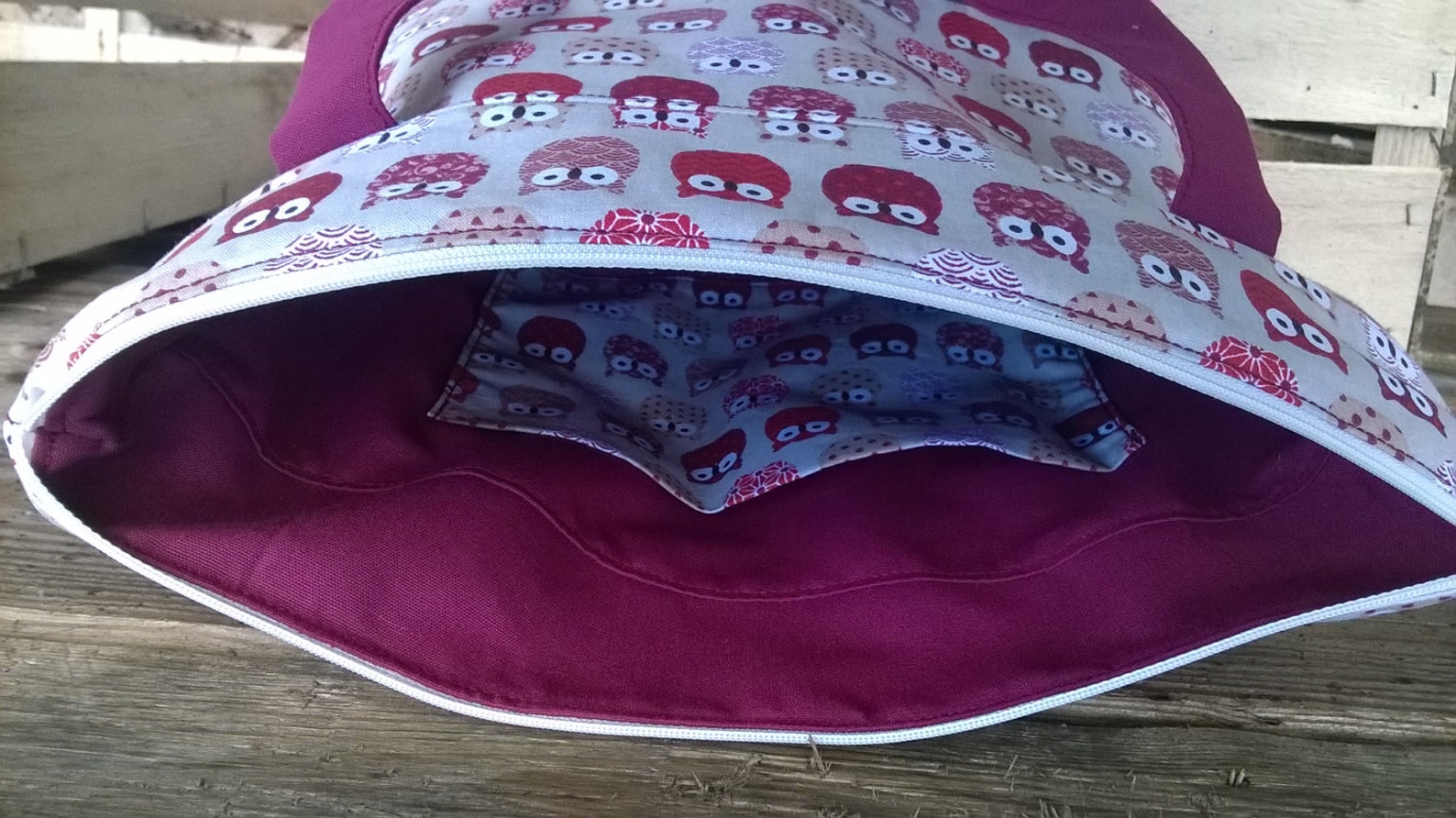 sac en tissu avec fermeture / fourre tout course loisir hibou rouge beige prune fille femme cadeau sac toile sac à main épaule doublé
