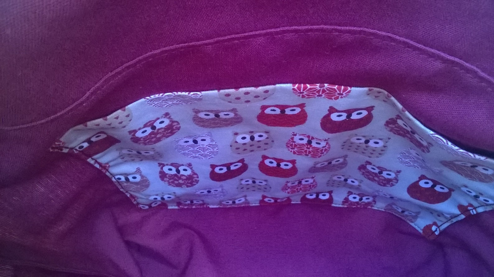 sac en tissu avec fermeture / fourre tout course loisir hibou rouge beige prune fille femme cadeau sac toile sac à main épaule doublé