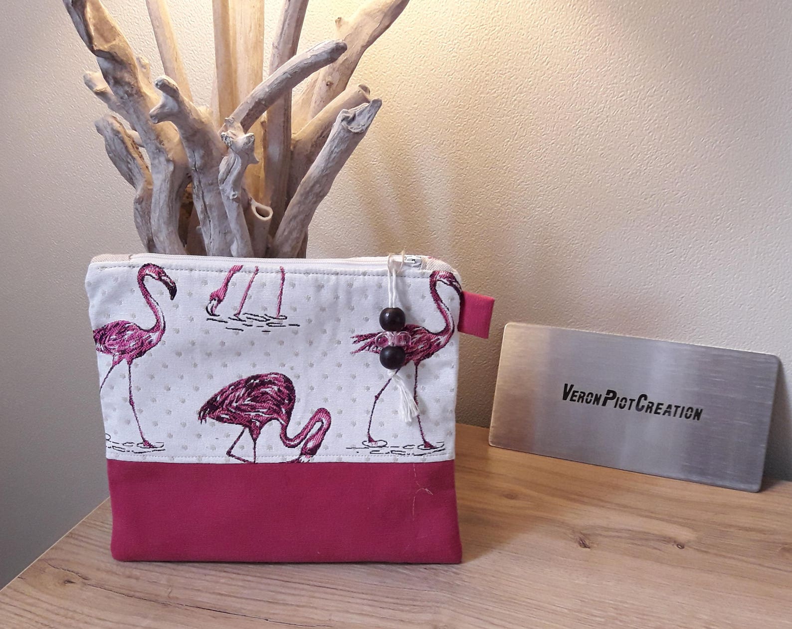 pochette plate veronpiotcreation trousse plate flamand rose coton intérieur sac organisateur rangement fête des mères cadeau femme fait main