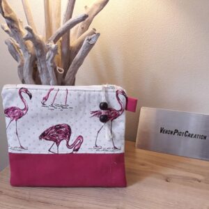 pochette plate veronpiotcreation trousse plate flamand rose coton intérieur sac organisateur rangement fête des mères cadeau femme fait main