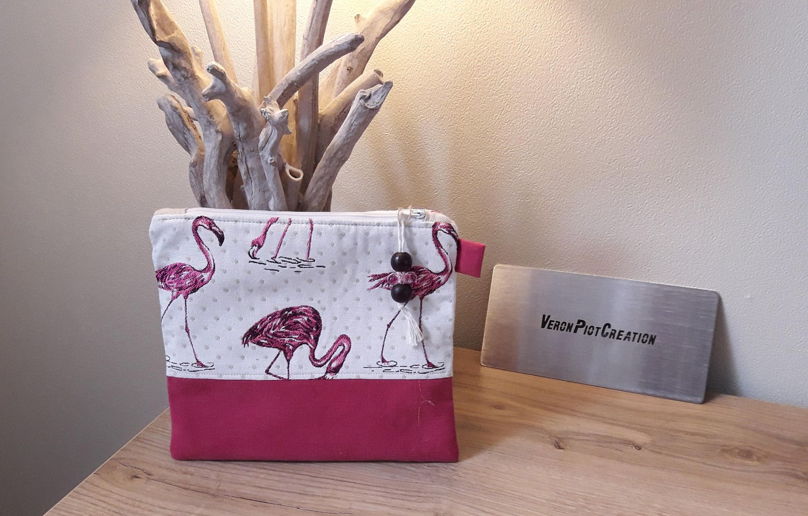 pochette plate veronpiotcreation trousse plate flamand rose coton intérieur sac organisateur rangement fête des mères cadeau femme fait main