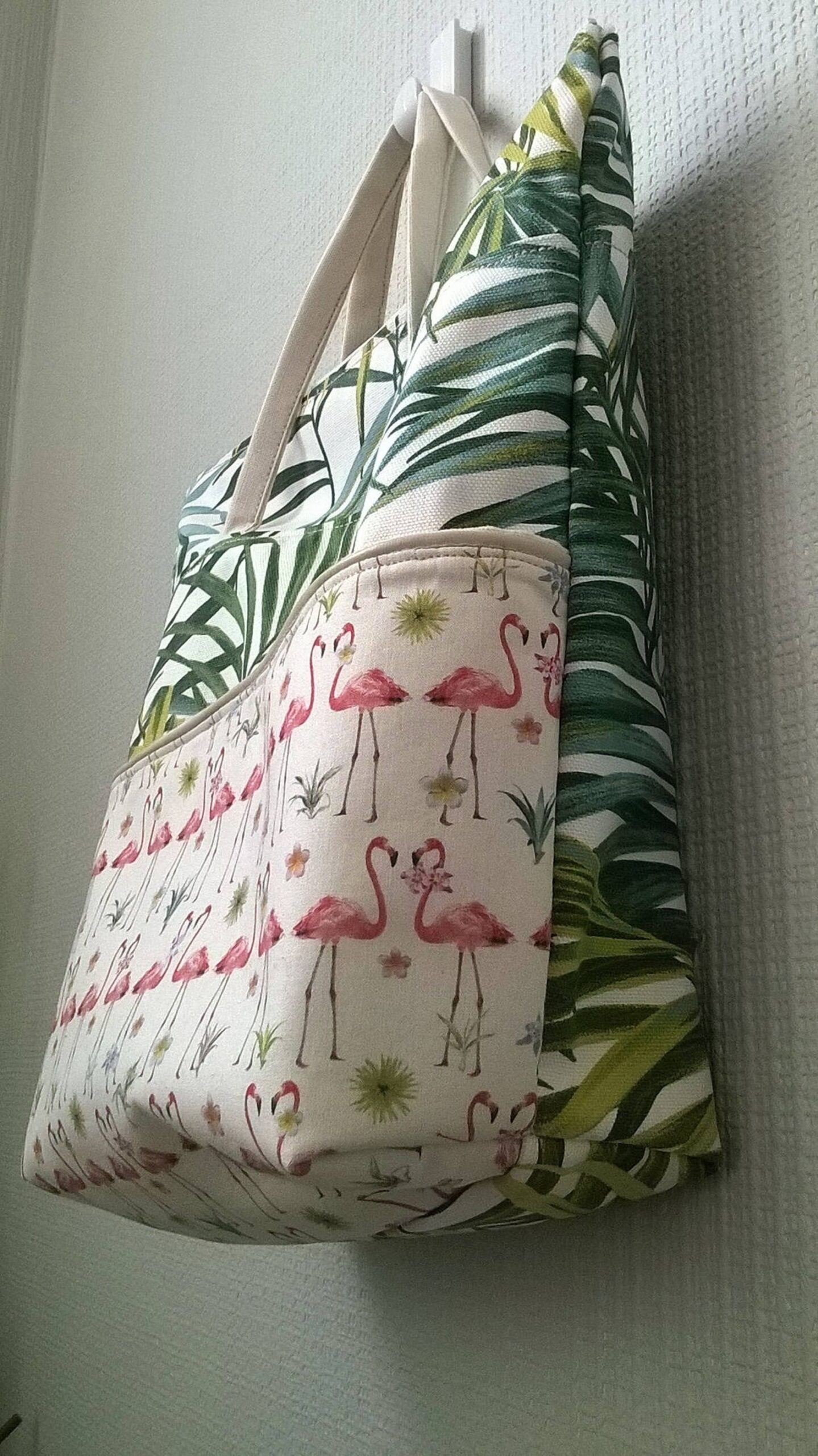 sac en toile à main poche avant femme fille coton flamand rose et palmier fermeture à glissière fourre tout loisir vacance cadeau mère
