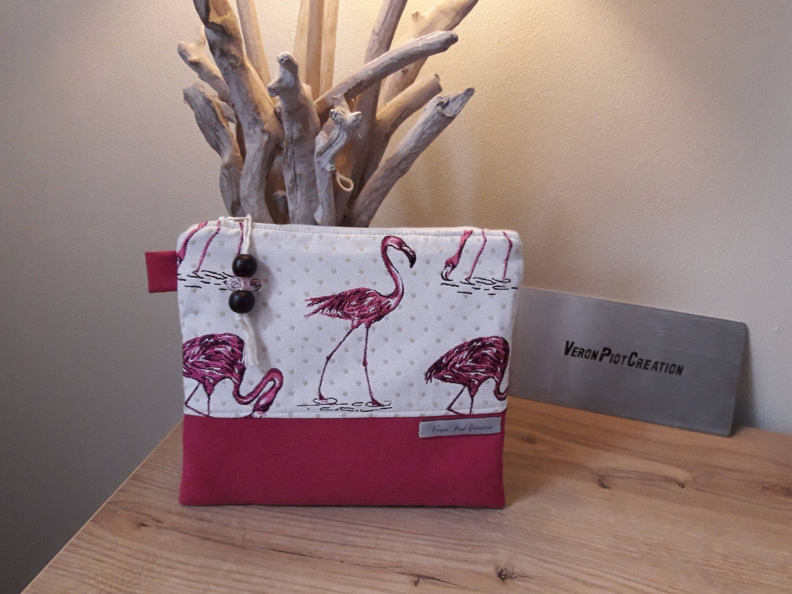 pochette plate veronpiotcreation trousse plate flamand rose coton intérieur sac organisateur rangement fête des mères cadeau femme fait main