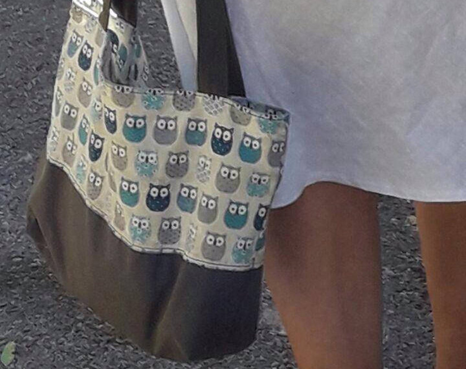 sac tissu toile hiboux sac en coton sac avec fermeture sac avec zipper fourre tout sac de course sac de tricot imprimé chouette gris bleu