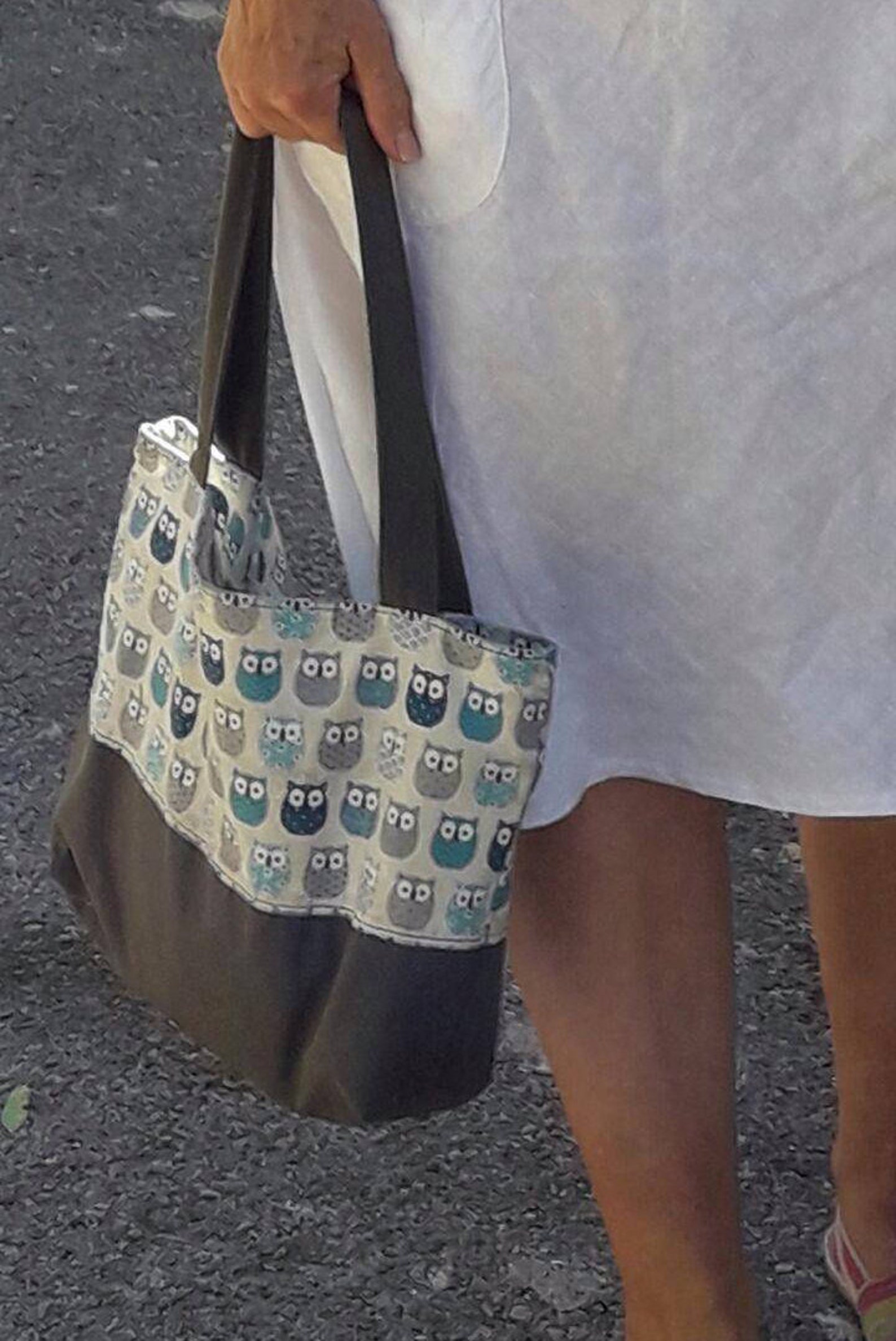 sac tissu toile hiboux sac en coton sac avec fermeture sac avec zipper fourre tout sac de course sac de tricot imprimé chouette gris bleu