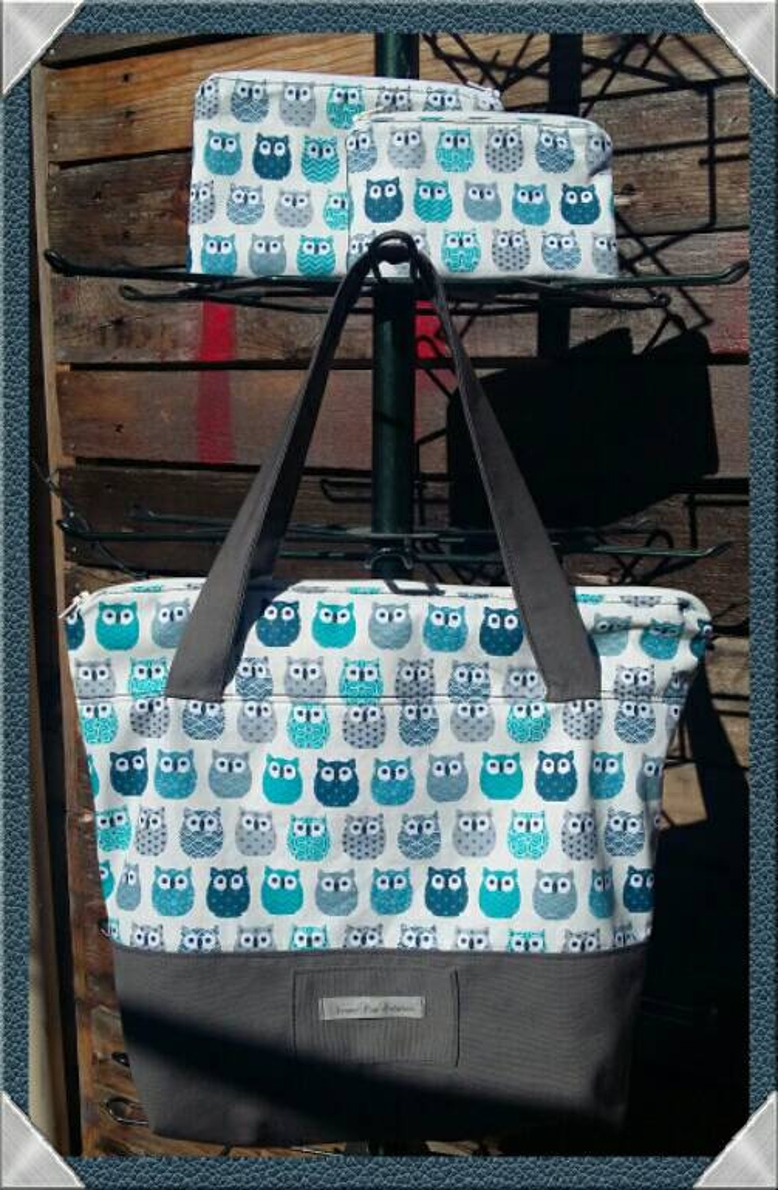 sac tissu toile hiboux sac en coton sac avec fermeture sac avec zipper fourre tout sac de course sac de tricot imprimé chouette gris bleu