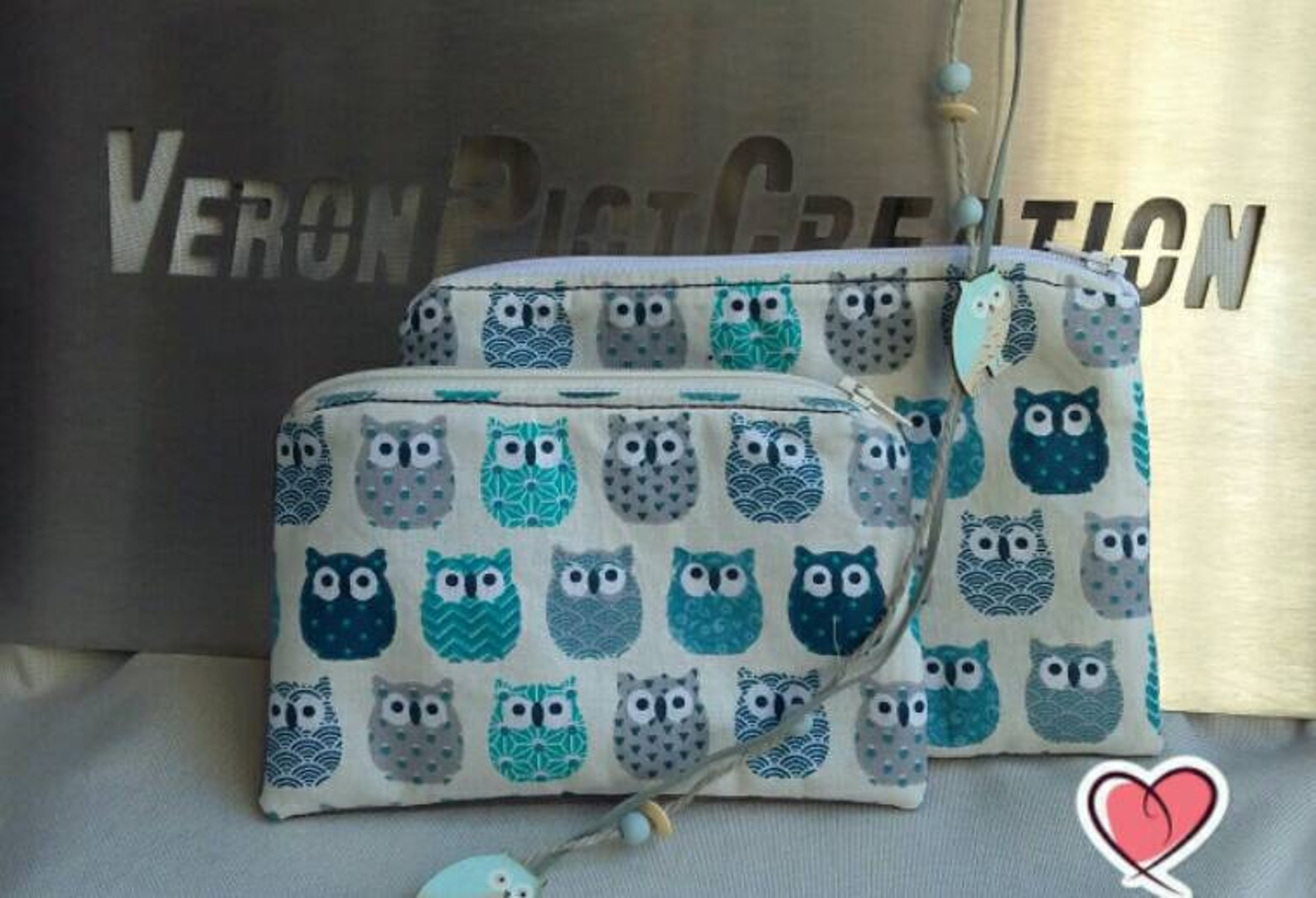 Pochette hiboux bleu en tissu petit sac hibou bleu coton cadeau Noël anniversaire collègue femme fille