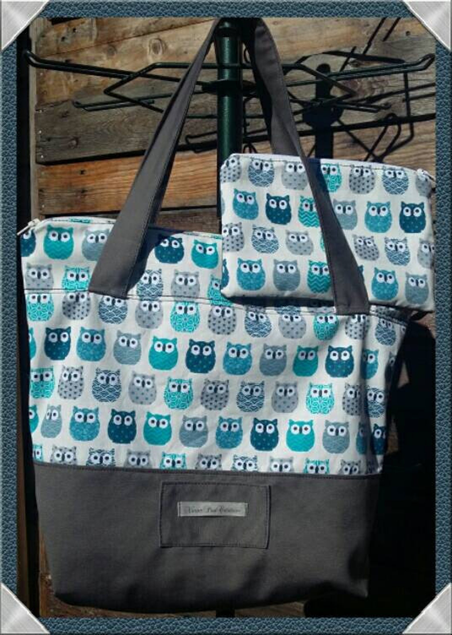 sac tissu toile hiboux sac en coton sac avec fermeture sac avec zipper fourre tout sac de course sac de tricot imprimé chouette gris bleu