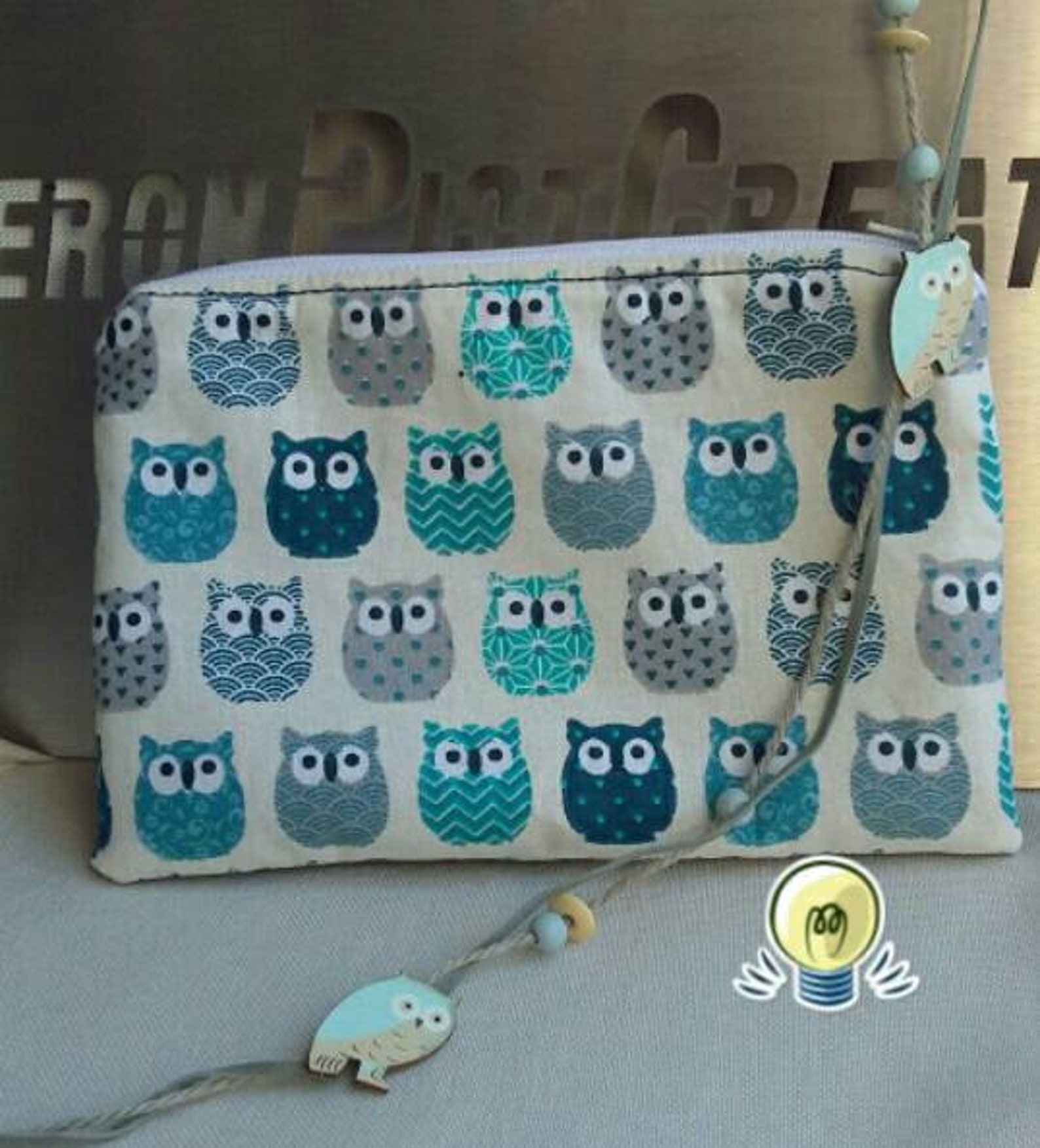 Pochette hiboux bleu en tissu petit sac hibou bleu coton cadeau Noël anniversaire collègue femme fille