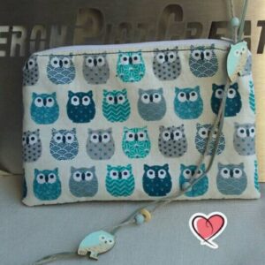 Pochette hiboux bleu en tissu petit sac hibou bleu coton cadeau Noël anniversaire collègue femme fille
