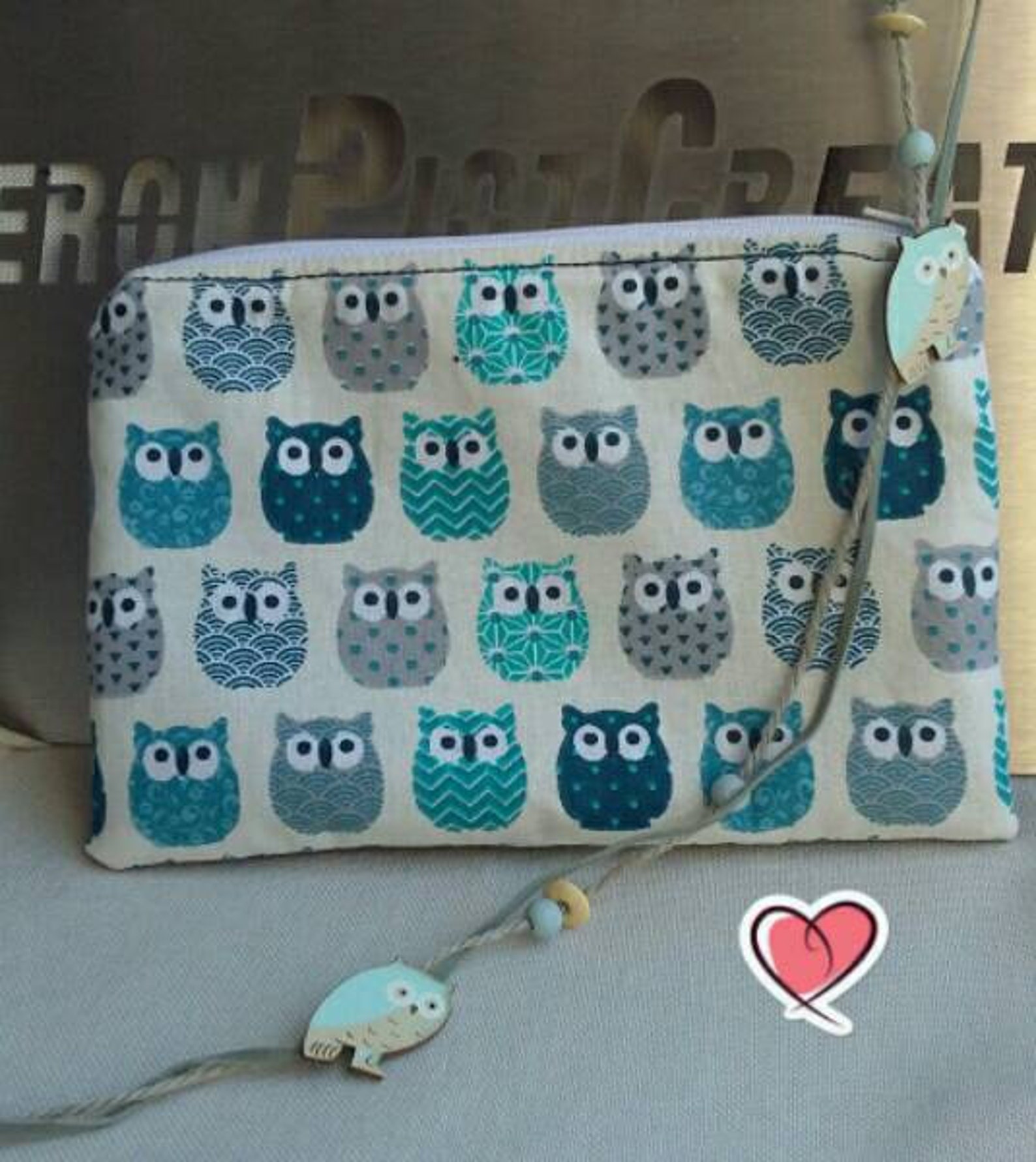 Pochette hiboux bleu en tissu petit sac hibou bleu coton cadeau Noël anniversaire collègue femme fille