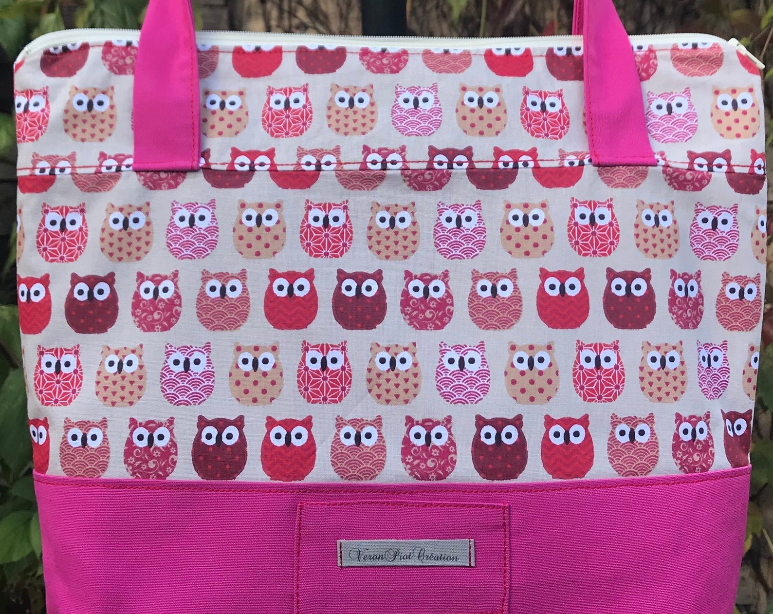sac en tissu avec fermeture / fourre tout course loisir hibou rouge beige prune fille femme cadeau sac toile sac à main épaule doublé