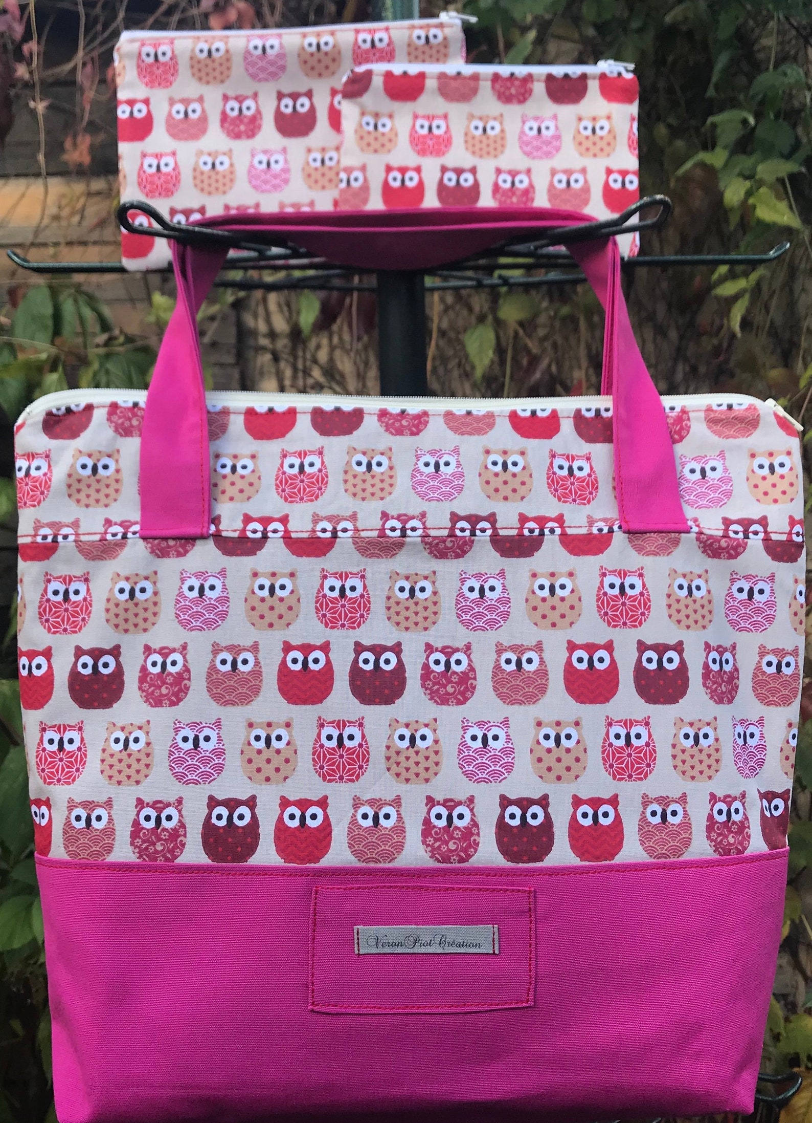 sac en tissu avec fermeture / fourre tout course loisir hibou rouge beige prune fille femme cadeau sac toile sac à main épaule doublé