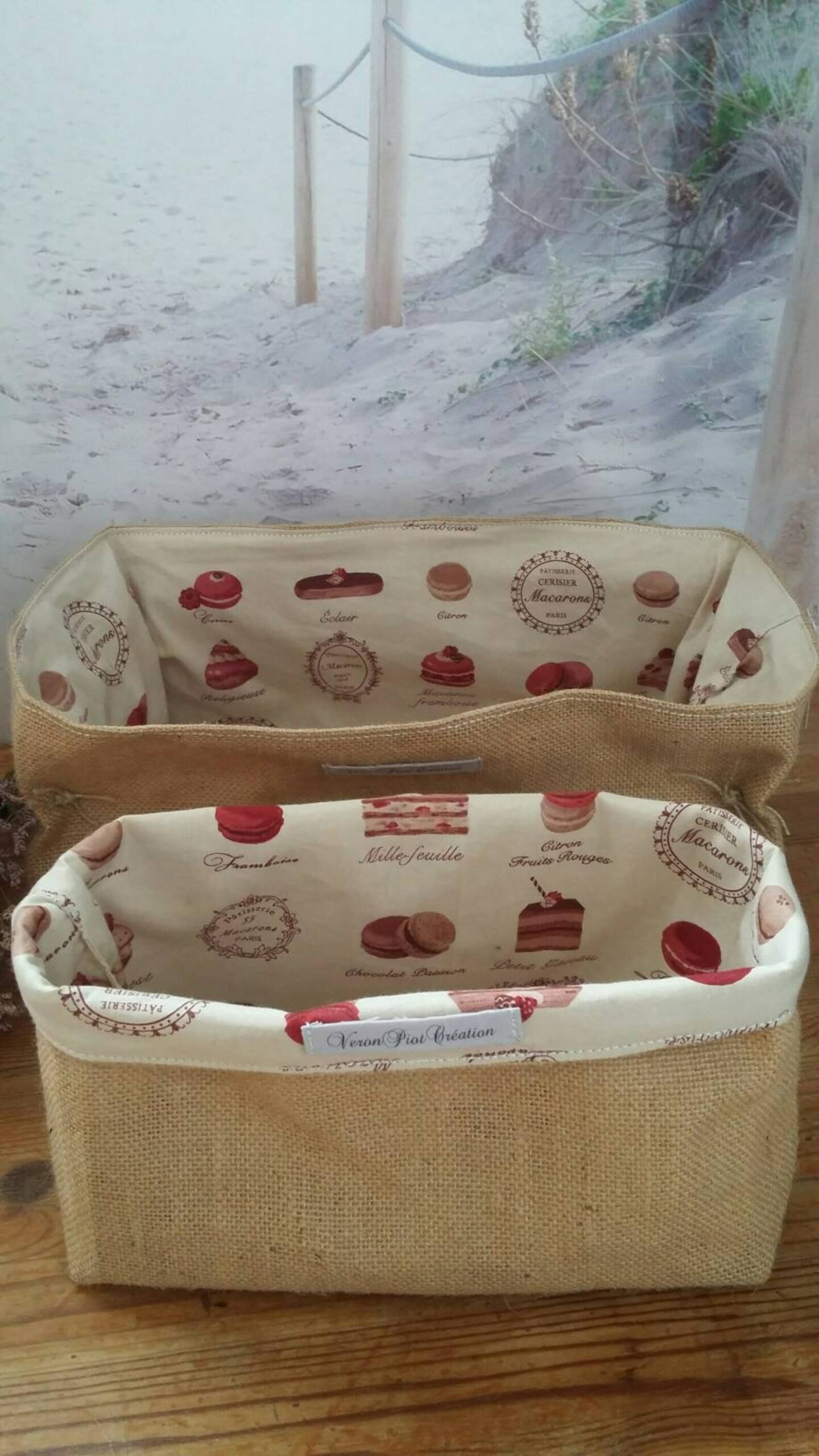Panier panière rangement toile de jute organisation toile de jute décoration macaron pâtisserie française organisation veronpiotcreation