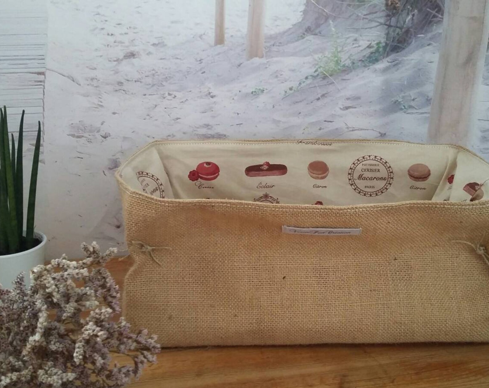 Panier panière rangement toile de jute organisation toile de jute décoration macaron pâtisserie française organisation veronpiotcreation