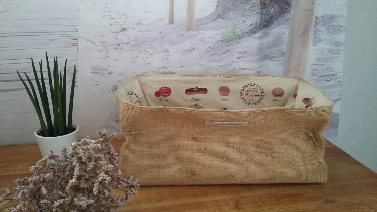 Panier panière rangement toile de jute organisation toile de jute décoration macaron pâtisserie française organisation veronpiotcreation