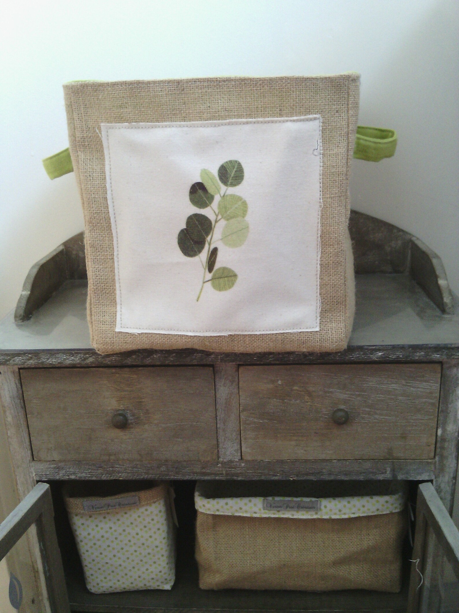 Panier panière en toile de jute feuille vintage cadeau veronpiotcreation