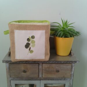 Panier panière en toile de jute feuille vintage cadeau veronpiotcreation