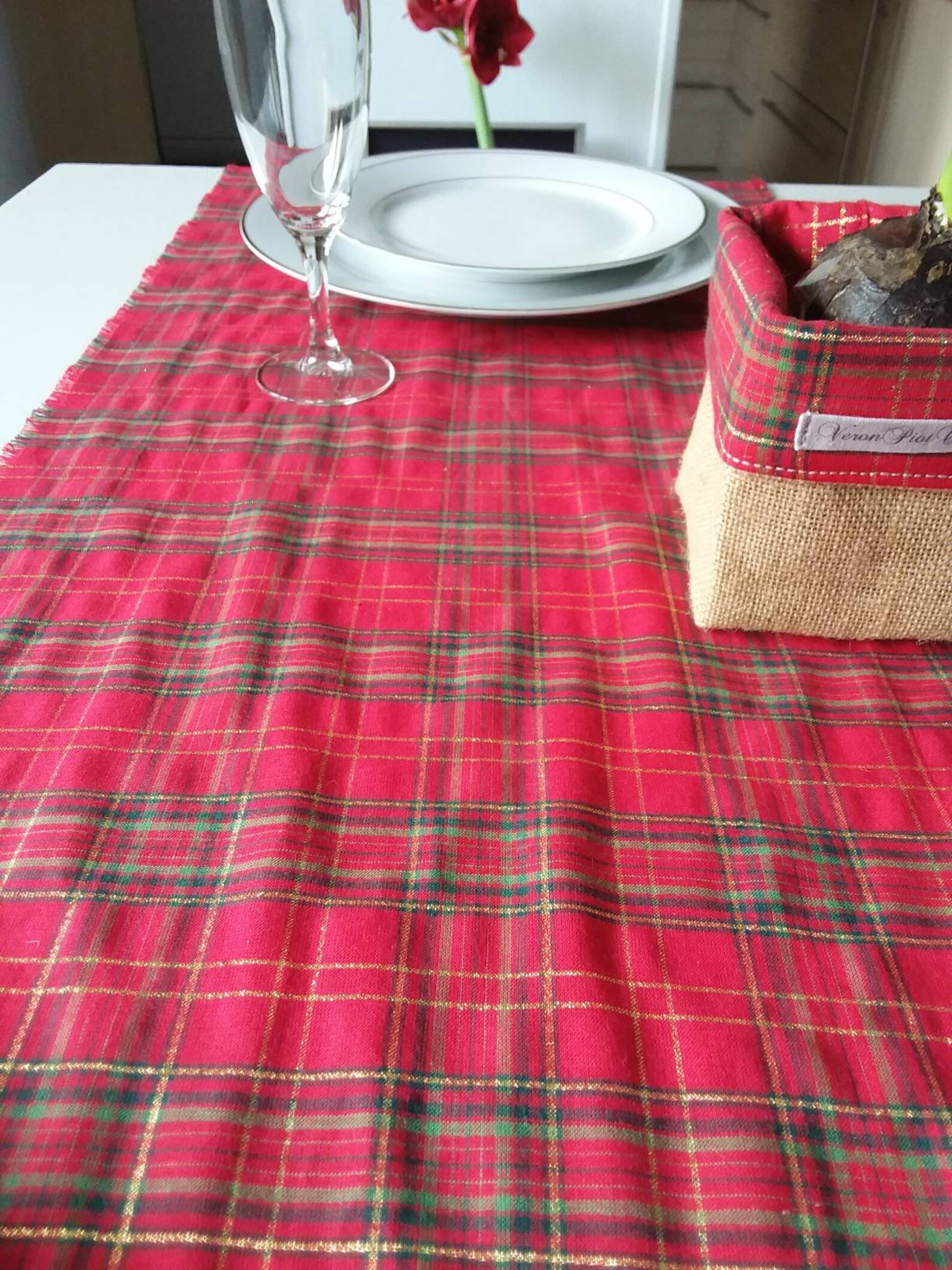 Coureur de table de Noël, Centre de table, chemin de table, napperon, décoration de noël rouge et or veronpiotcreation, Noël de ferme