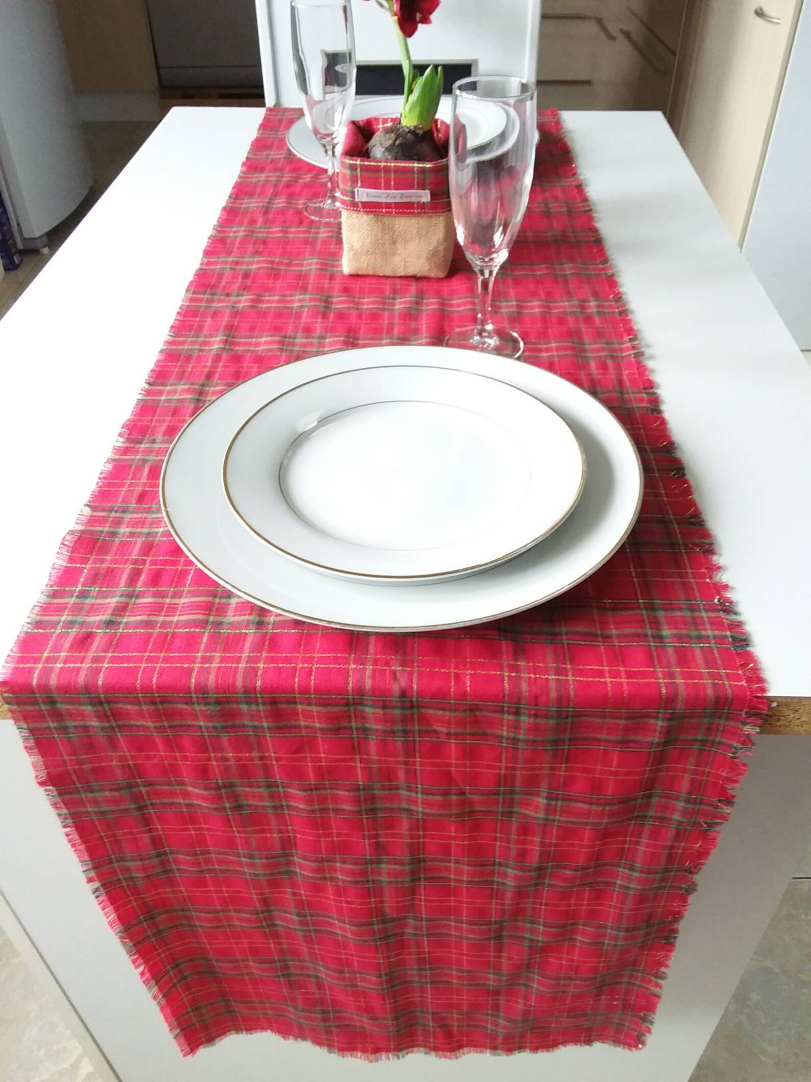 Coureur de table de Noël, Centre de table, chemin de table, napperon, décoration de noël rouge et or veronpiotcreation, Noël de ferme