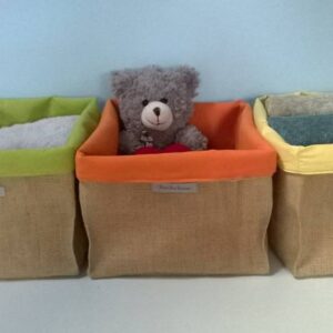 Panier rangement toile de jute écologique jaune vert orange organisation décoration colorée chambre salon maison cadeau veronpiotcreation