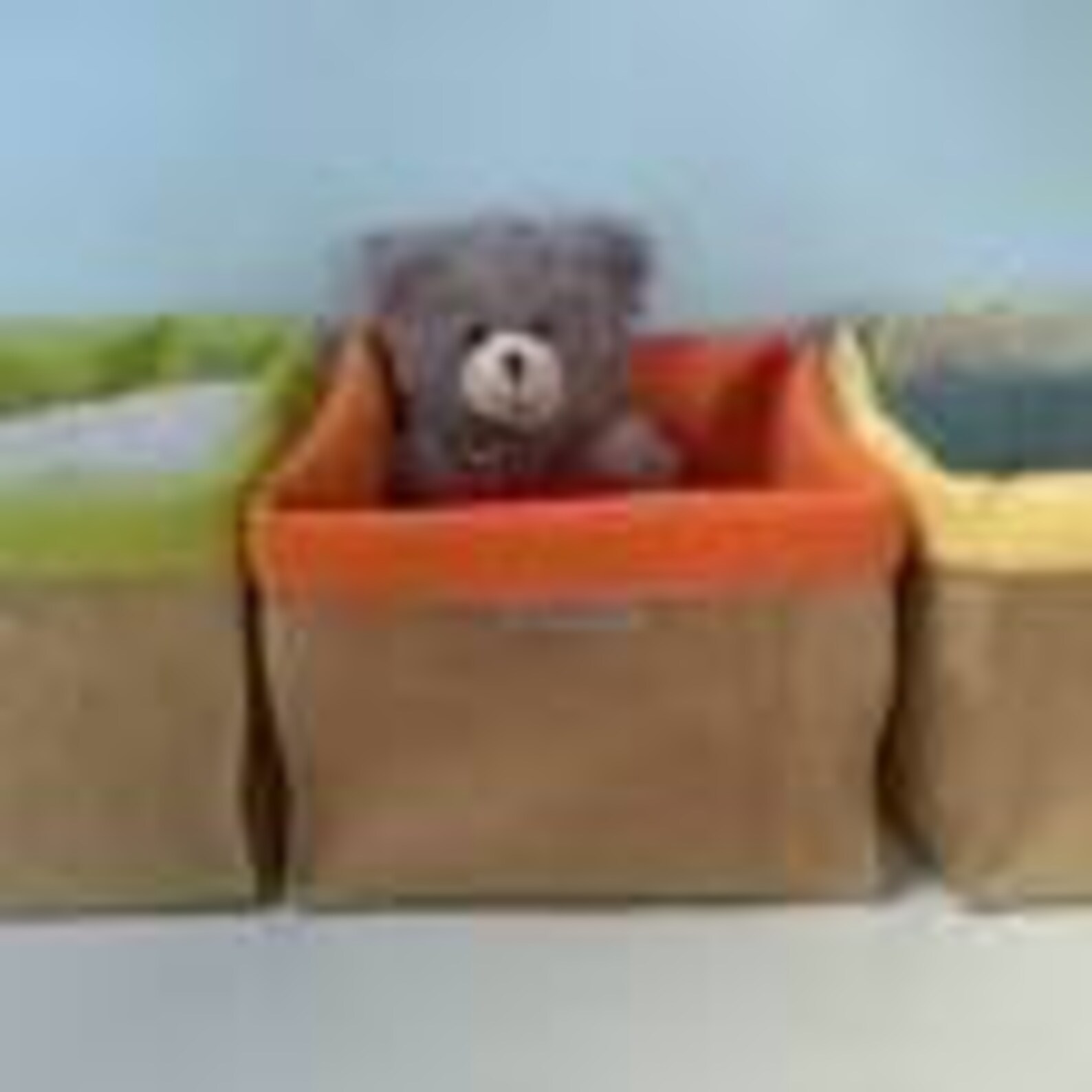 Panier rangement toile de jute écologique jaune vert orange organisation décoration colorée chambre salon maison cadeau veronpiotcreation