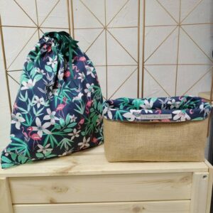 Panier en toile de jute et sac tissu pochon flamand rose exotique rangement veronpiotcreation décoration flamant rose organisation cadeau