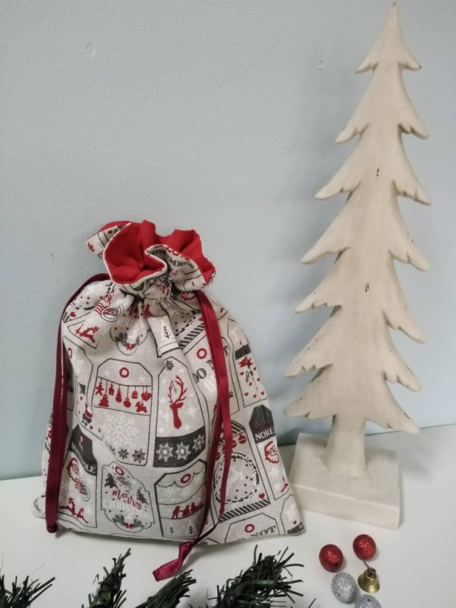 Sac d'emballage de cadeaux de Noël, sac de Noël, Noël zéro déchet, sac tissu de Noël et ruban de satin pour enfants, cordon veronpiotcreati