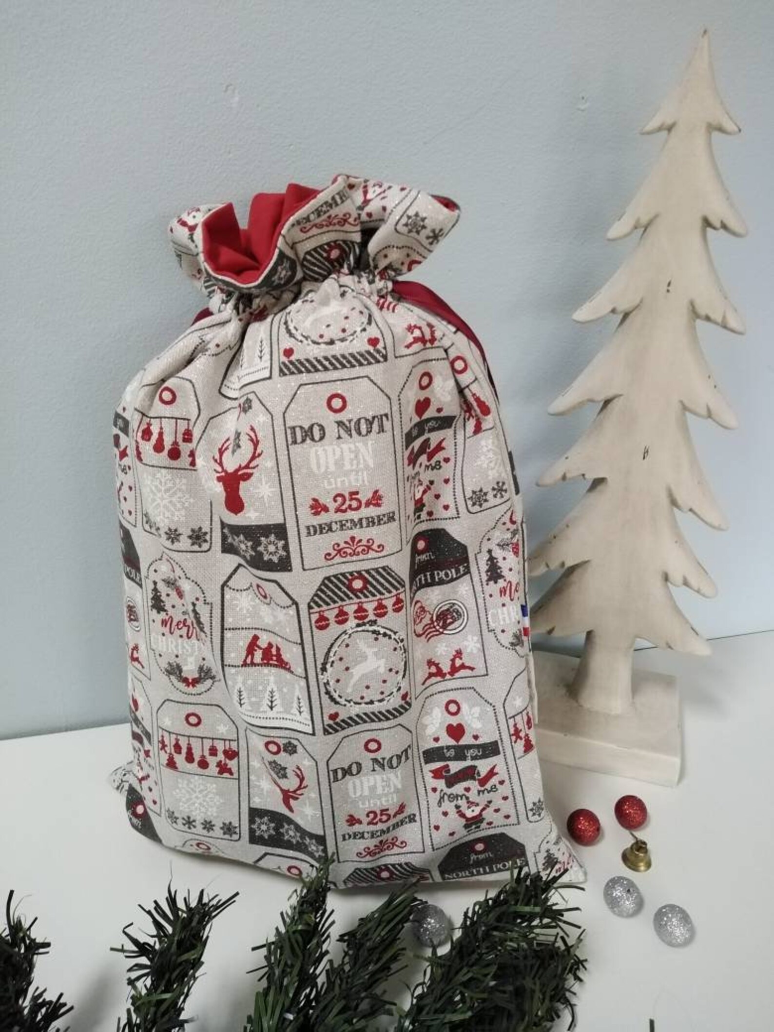 Sac d'emballage de cadeaux de Noël, sac de Noël, Noël zéro déchet, sac tissu de Noël et ruban de satin pour enfants, cordon veronpiotcreati