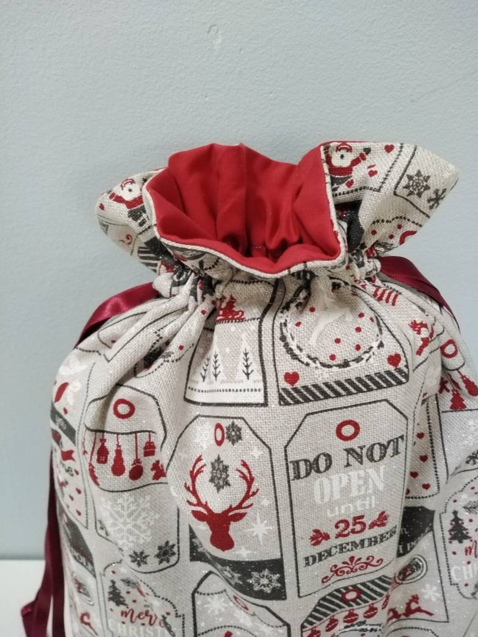 Sac d'emballage de cadeaux de Noël, sac de Noël, Noël zéro déchet, sac tissu de Noël et ruban de satin pour enfants, cordon veronpiotcreati