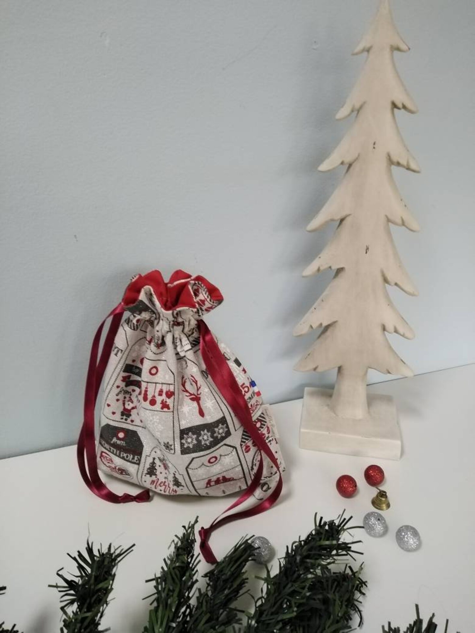 Sac d'emballage de cadeaux de Noël, sac de Noël, Noël zéro déchet, sac tissu de Noël et ruban de satin pour enfants, cordon veronpiotcreati