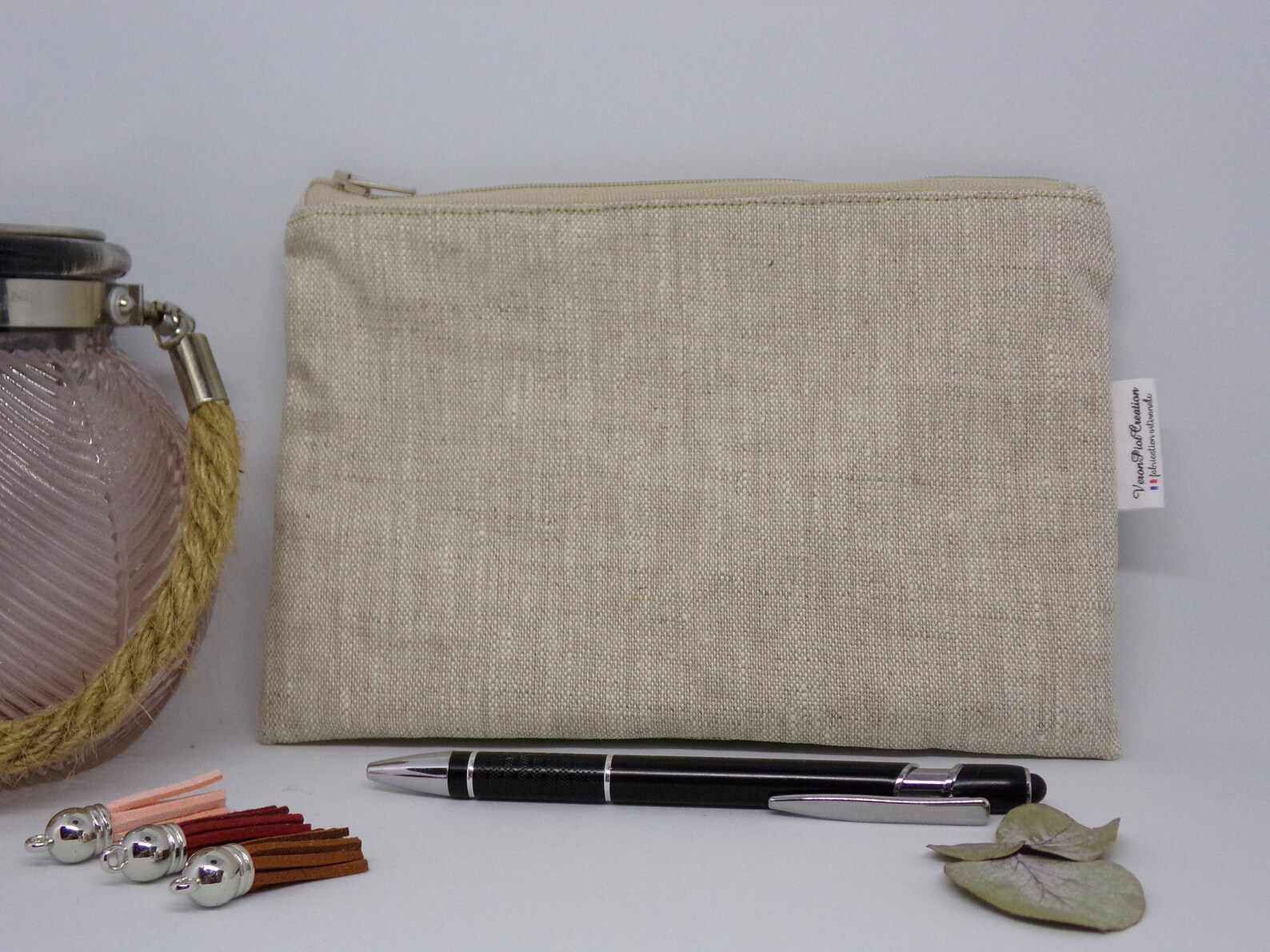 Pochette en lin, trousse en lin beige, idée cadeau anniversaire veronpiotcreation