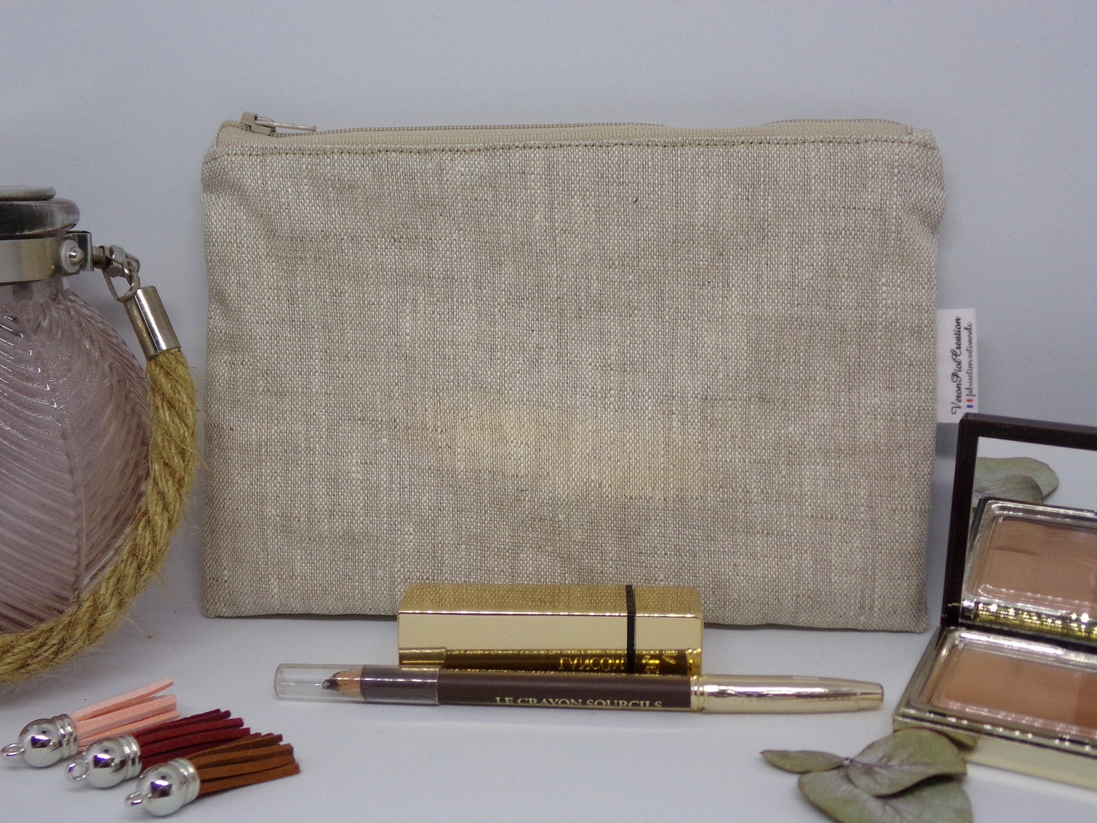 Pochette en lin, trousse en lin beige, idée cadeau anniversaire veronpiotcreation