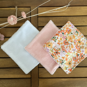 Lot de 3 lingettes lavables en éponge de bambou et coton fleuri – Grand format 15 × 15 cm